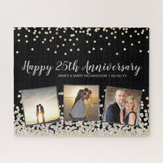 Elegant Photo Collage Silver Gold 25th Anniversary Jigsaw Puzzle (Horizontal)