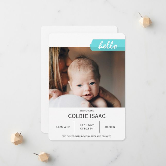 Elegant Photo Collage Teal Washi Tape Baby Birth  Announcement (Front/Back In Situ)