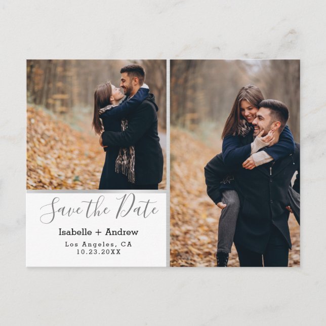 Elegant Photo Collage White Silver Save the Date Announcement Postcard (Front)