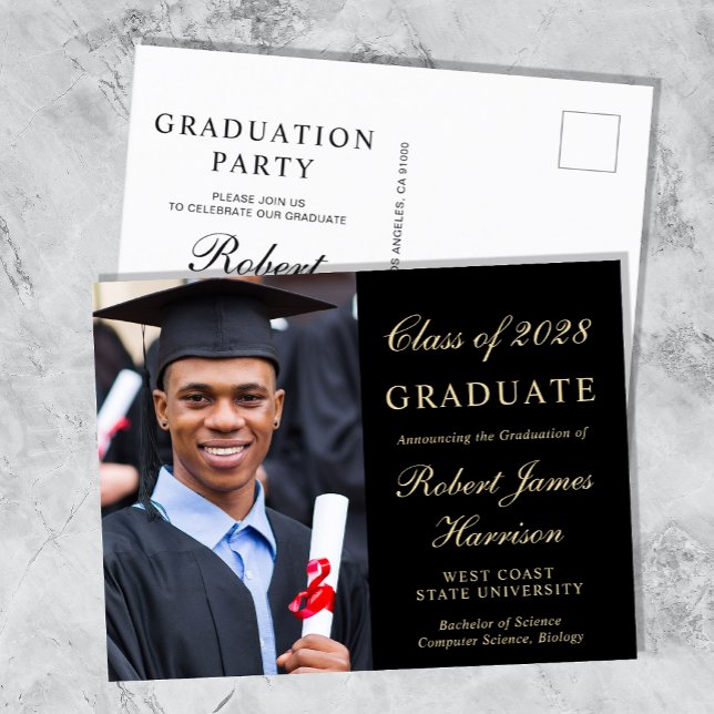 Elegant Photo College Black Graduation Party Invitation Postcard (Creator Uploaded)