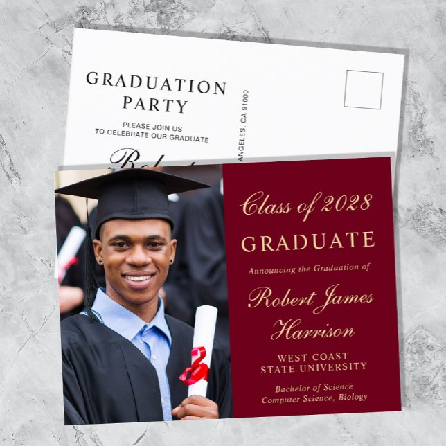 Elegant Photo College Burgundy Graduation Party Invitation Postcard (Creator Uploaded)