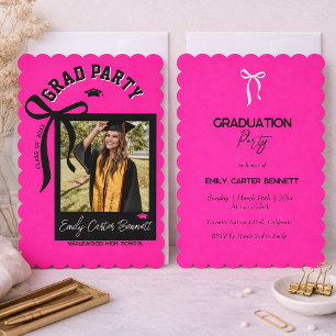 Elegant Photo Coquette Black Pink Bow Graduation  Invitation