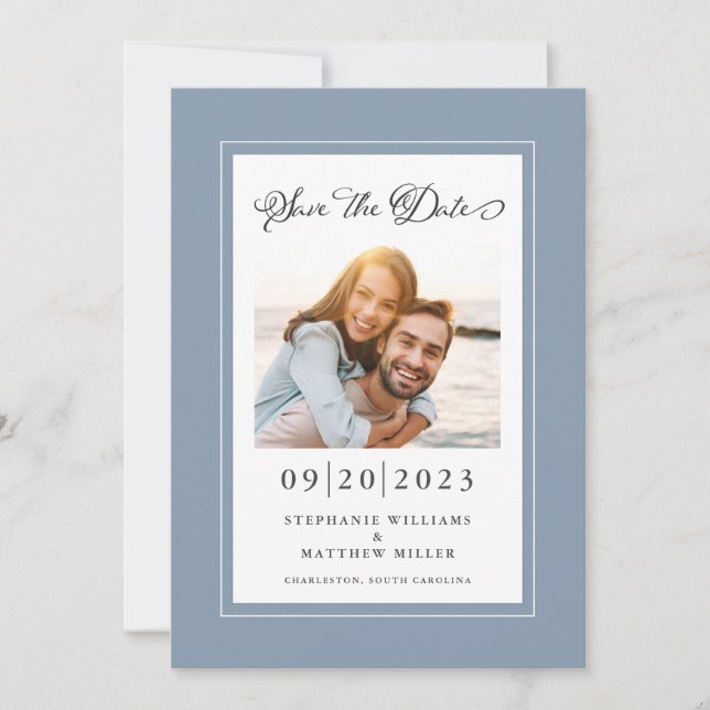 Elegant Photo Dusty Blue Save The Date Engagement (Front)