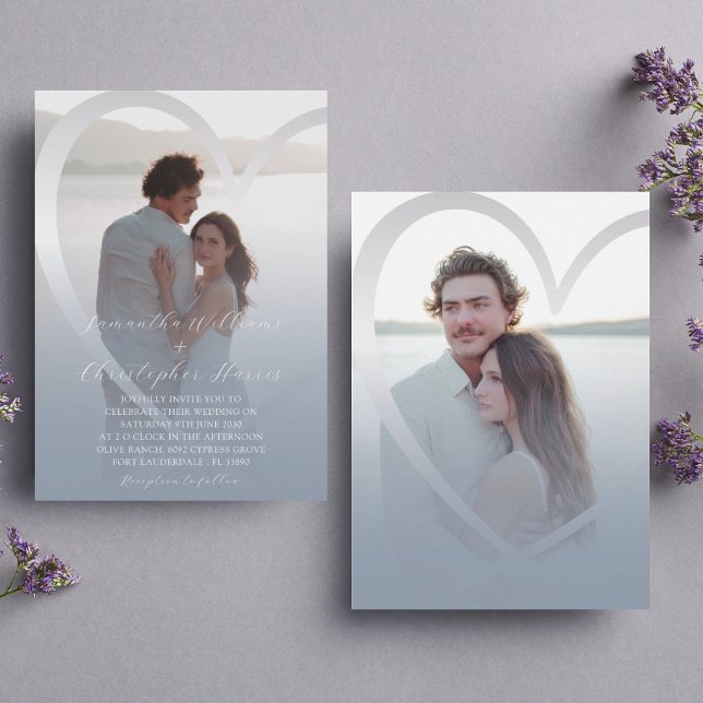 Elegant Photo  Dusty Blue & Silver Heart Wedding Invitation (Creator Uploaded)
