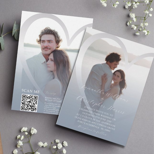 Elegant Photo  Dusty Blue & Silver Heart Wedding Invitation (Creator Uploaded)