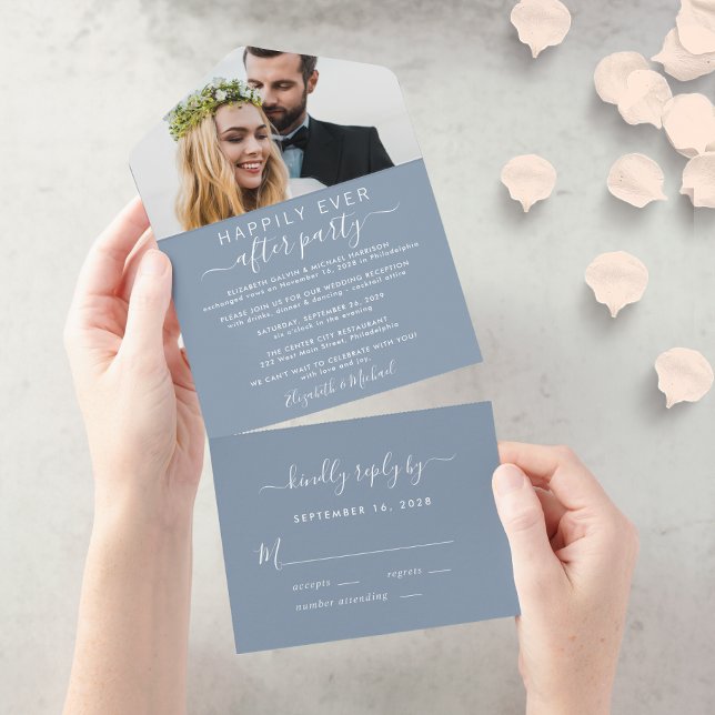 Elegant Photo Dusty Blue Wedding Reception All In One Invitation (Creator Uploaded)