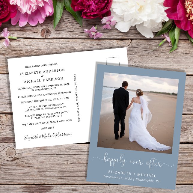 Elegant Photo Dusty Blue Wedding Reception Invitation Postcard (Creator Uploaded)