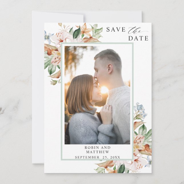 Elegant Photo Earthy Blooms and Green Wedding Save The Date (Front)