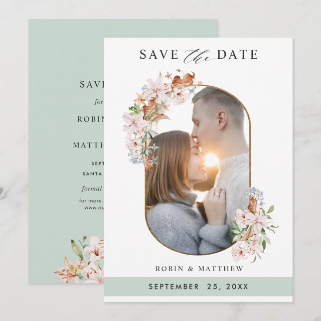 Elegant Photo Earthy Blooms with Green Wedding Save The Date (Front/Back)
