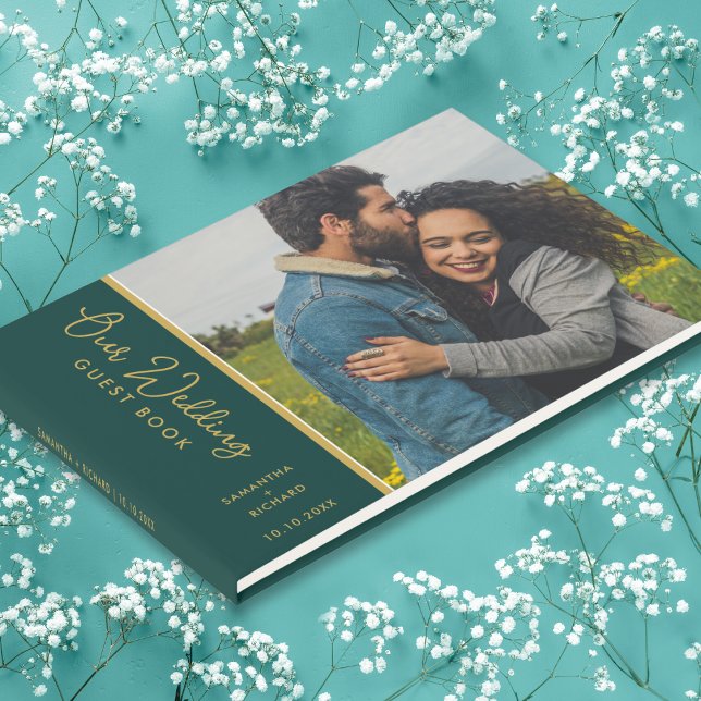 Elegant Photo Emerald Green And Gold Wedding  Guest Book (Elegant Photo Emerald Green And Gold Wedding guest book sign in)