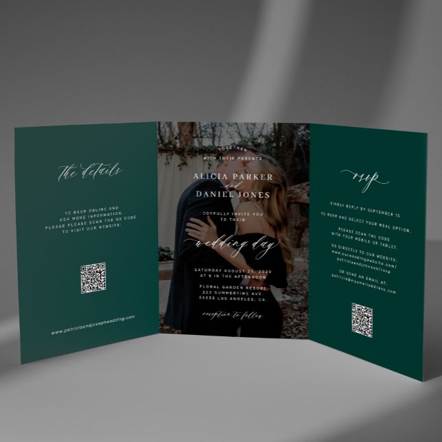 Elegant photo emerald green wedding RSVP detail QR Tri-Fold Invitation (Creator Uploaded)