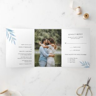 Elegant Photo Eucalytpus Dusty Blue Wedding Tri-Fold Invitation