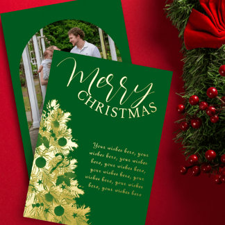 Elegant photo family calligraphy tree green gold foil holiday card