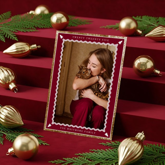 Elegant Photo Faux Gold & Burgundy Wavy Frame Holiday Card (Elegant Photo Faux Gold & Burgundy Wavy Frame Holiday Card)