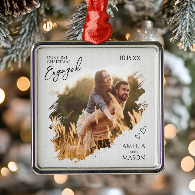 Elegant Photo First Christmas Engaged Metal Tree Decoration (Elegant Photo First Christmas Engaged Metal Ornament)