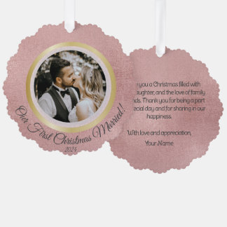 Elegant Photo First Christmas Married Rose Gold Tree Decoration Card