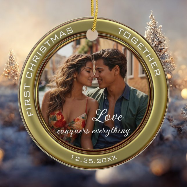 Elegant Photo First Christmas Together Ceramic Tree Decoration (Christmas ornament featuring your own custom photo framed by a stylish green gold metallic design)