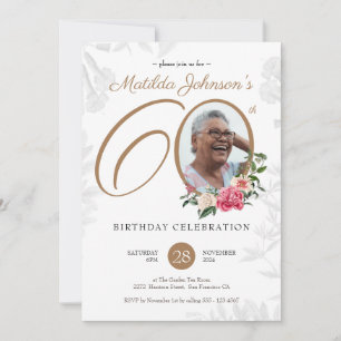 Elegant Photo Floral 60th Birthday  Invitation