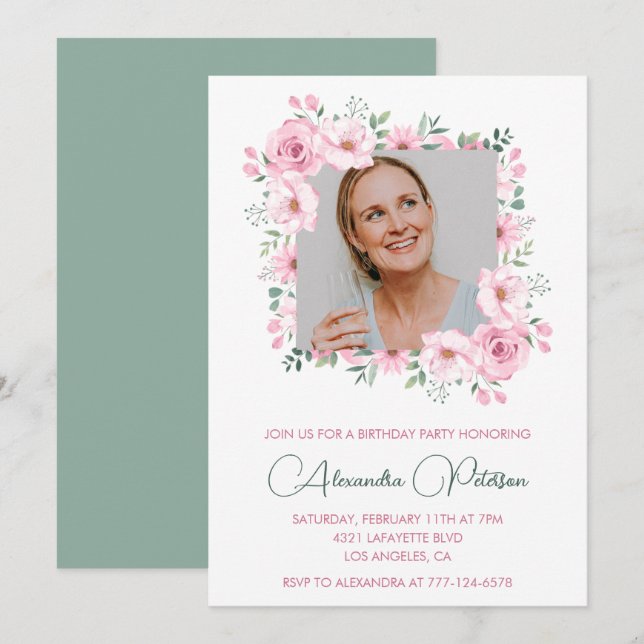 Elegant Photo Floral 64th birthday invitations  (Front/Back)