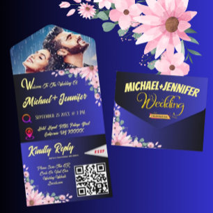 Elegant Photo Floral Blue Tearaway Wedding All In One Invitation