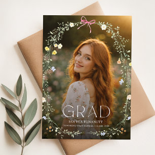 Elegant Photo Floral Bow Graduation Announcement Postcard
