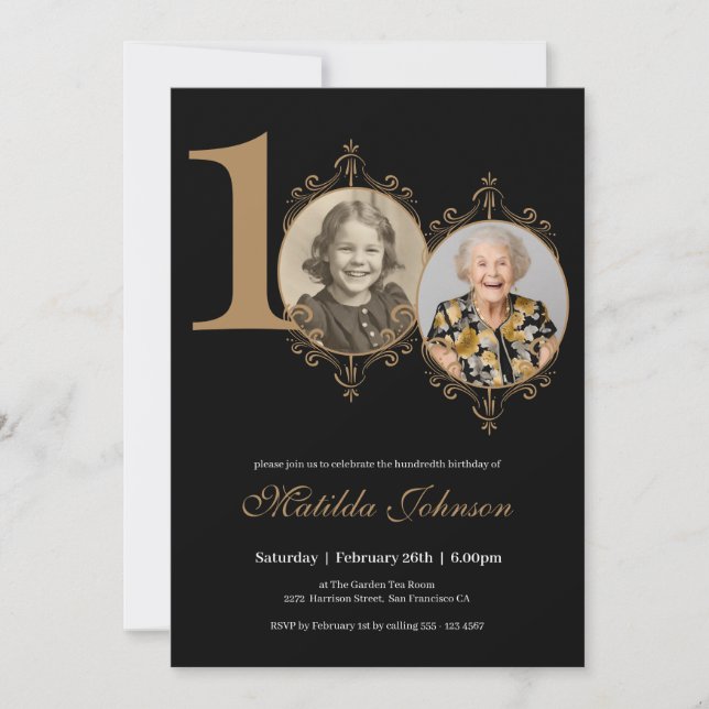 Elegant Photo Frame Black Gold 100th Birthday Invitation (Front)