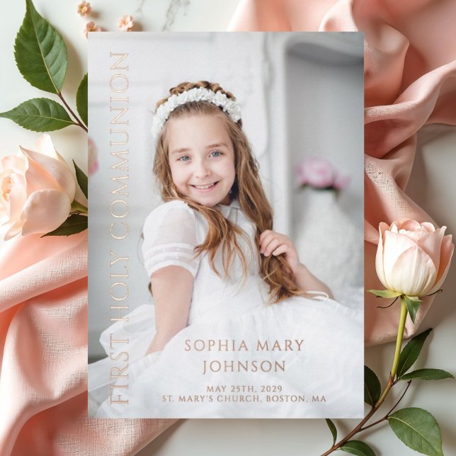 Elegant Photo Girl First Communion Rose Gold (Elegant Girl First Communion Photo Rose Gold Foil Invitation)