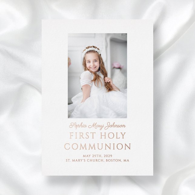 Elegant Photo Girl First Communion Rose Gold (Elegant Gold Foil Photo Girl First Communion Foil Invitation)