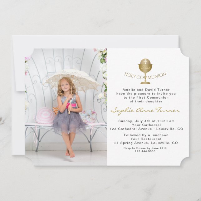 Elegant Photo Girl Gold Chalice Holy Communion Invitation (Front)