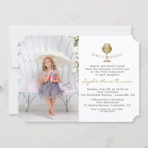 Elegant Photo Girl Gold Chalice Holy Communion Invitation