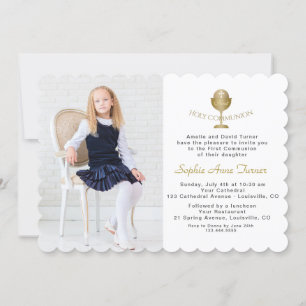 Elegant Photo Girl Gold Chalice Holy Communion Invitation