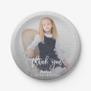 Elegant Photo Girl Gold Cross Christening Paper Plate