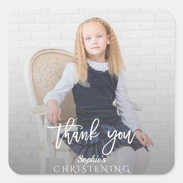 Elegant Photo Girl Gold Cross Christening Square Sticker (Front)