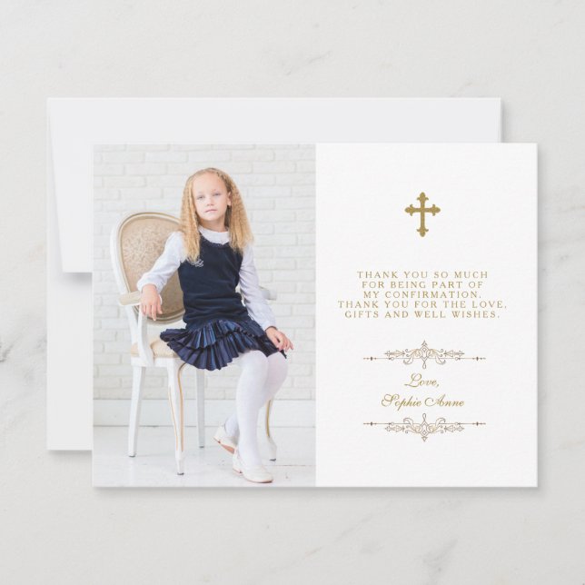 Elegant Photo Girl Gold Cross Confirmation Thank You Card (Front)