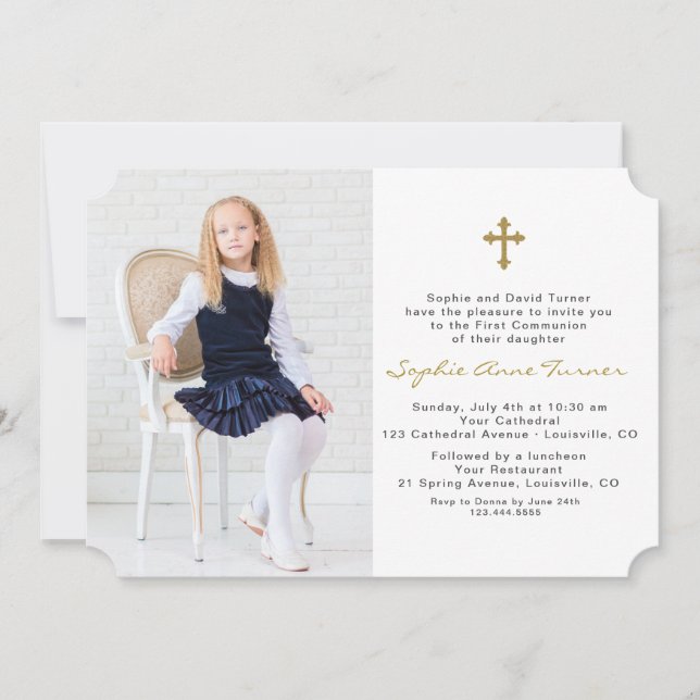 Elegant Photo Girl Gold Cross First Holy Communion Invitation (Front)