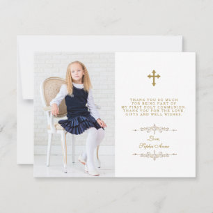 Elegant Photo Girl Gold Cross First Holy Communion Thank You Card