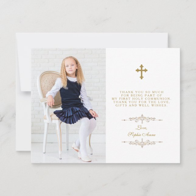 Elegant Photo Girl Gold Cross First Holy Communion Thank You Card (Front)