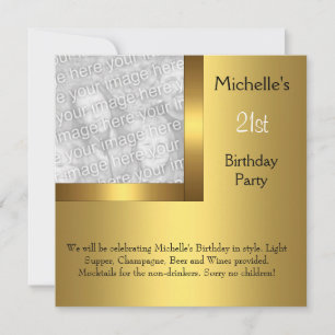 Elegant Photo Gold Black 21st Birthday 2 Invitation