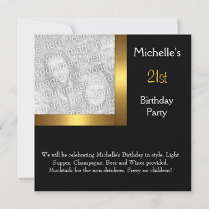 Elegant Photo Gold Black 21st Birthday Invitation