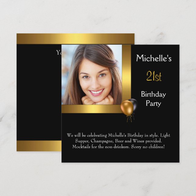 Elegant Photo Gold Black Balloon 21st Birthday Invitation (Front/Back)