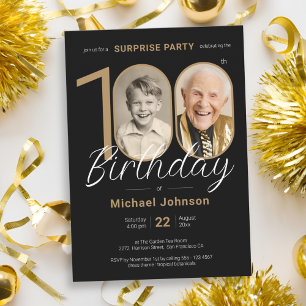 Elegant Photo Gold Black Surprise 100th Birthday Invitation