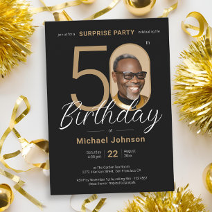 Elegant Photo Gold Black Surprise 50th Birthday Invitation