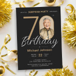 Elegant Photo Gold Black Surprise 70th Birthday Invitation<br><div class="desc">Elegant Photo Gold Black Surprise 70th Birthday Invitation. Elevate your milestone celebration with an invitation design that epitomises understated elegance and chic minimalism. Our black and gold theme exudes sophistication, creating a refined atmosphere for your special day. The custom photo feature adds a personalised touch, ensuring that each invitation is...</div>