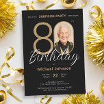 Elegant Photo Gold Black Surprise 80th Birthday Invitation<br><div class="desc">Elegant Photo Gold Black Surprise 80th Birthday Invitation. Elevate your milestone celebration with an invitation design that epitomises understated elegance and chic minimalism. Our black and gold theme exudes sophistication, creating a refined atmosphere for your special day. The custom photo feature adds a personalised touch, ensuring that each invitation is...</div>