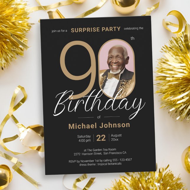 Elegant Photo Gold Black Surprise 90th Birthday Invitation (Elegant Photo Gold Black Surprise 90th Birthday Invitation)