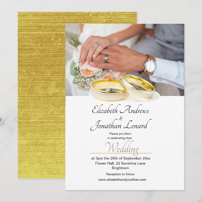 Elegant Photo Gold Coloured Simple Wedding Invite (Front/Back)