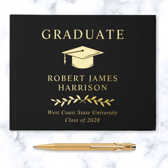 Elegant Photo Gold Foil Black Graduation Party Guest Book (Creator Uploaded)