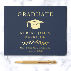 Elegant Photo Gold Foil Blue Graduation Party Guest Book