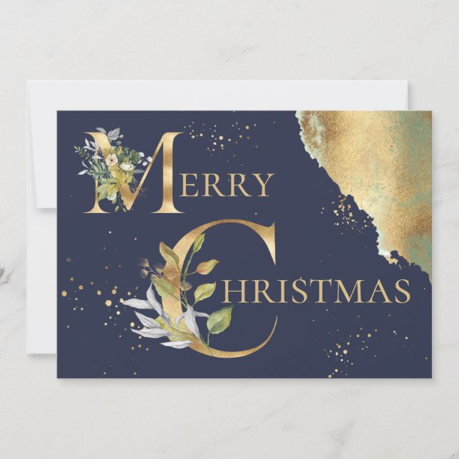 Elegant Photo Gold Foil Floral Blue Christmas Holiday Card (Front)
