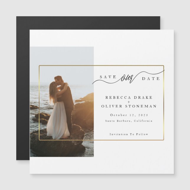 Elegant Photo Gold Frame Wedding Magnetic Card (Front/Back)
